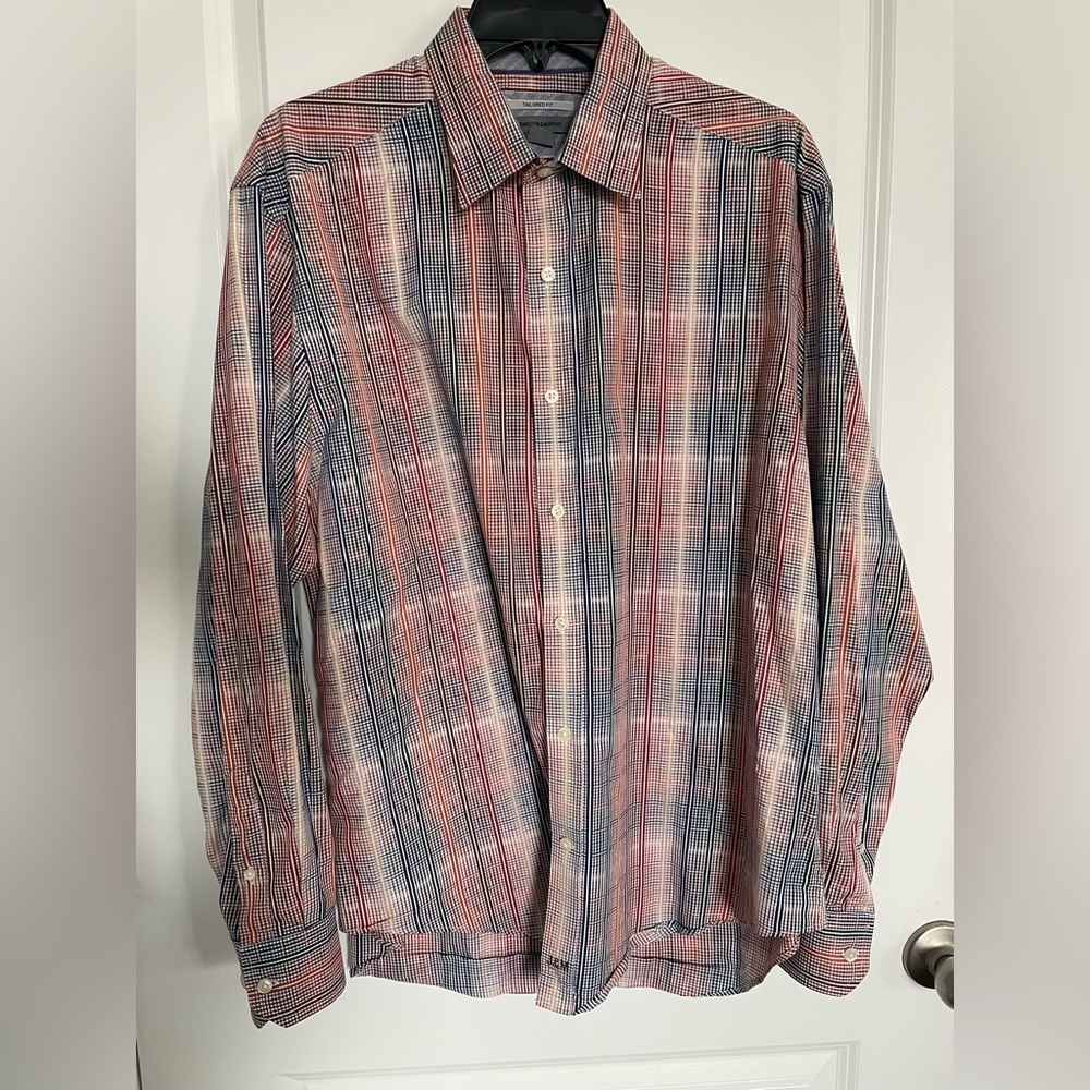 Johnston Murphy Mens Plaid Shirt Size L Tailored Fit Flip Cuff Multicolor Cotton